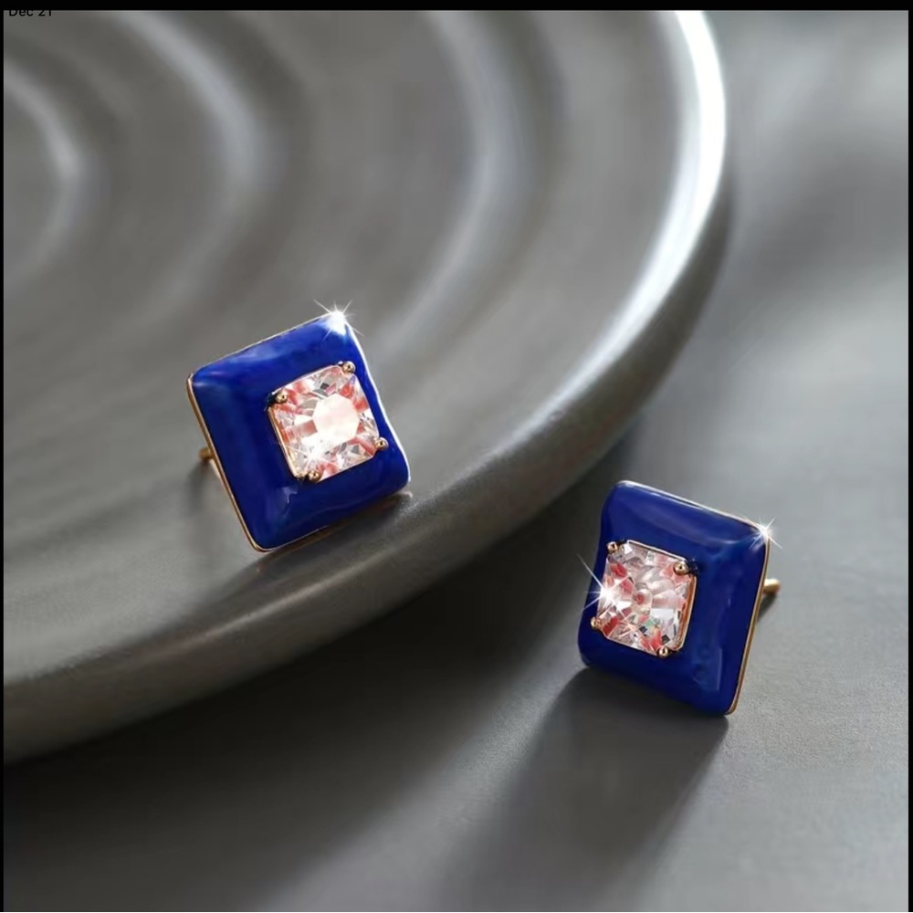 NEW-Square Blue Gemstone Studded Earrings